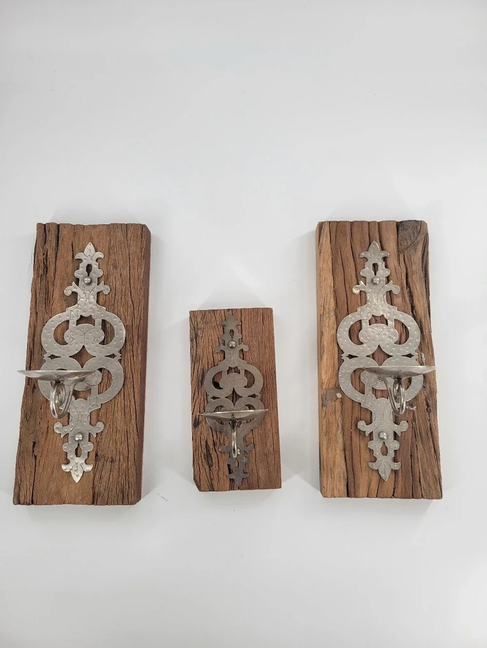 Rustic Wood Wall Sconce Set with Silver Metal Accents 3pc